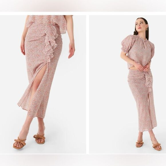 New Katharine Kidd Lilya White Orange Tulip Print Ruffle Front Slit Midi Skirt 4 - Picture 1 of 13